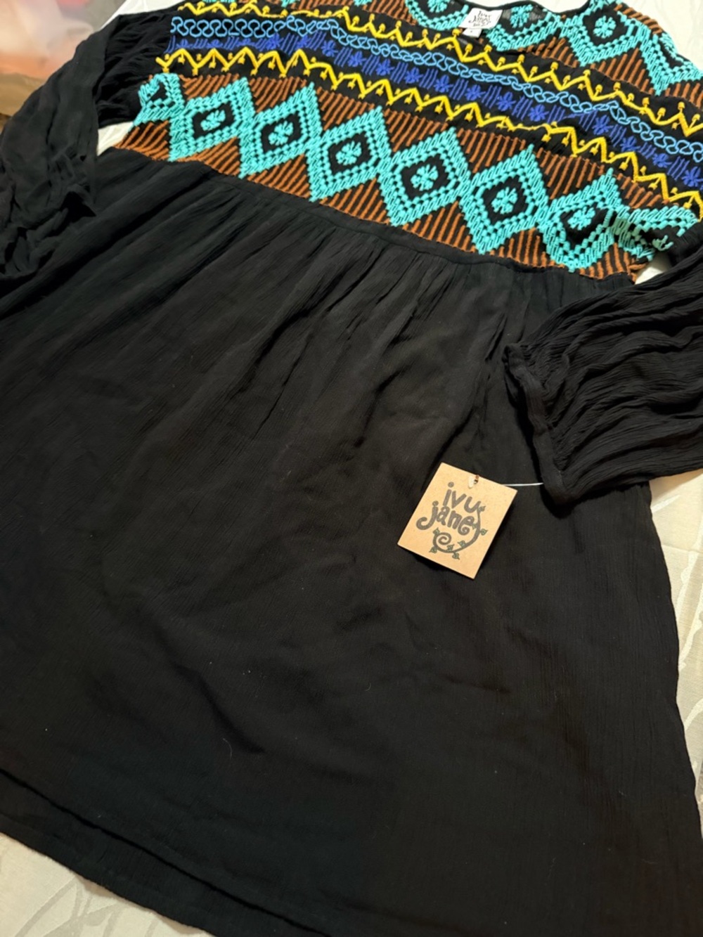 ivy jane Black Top with Turquoise, Yellow & Blue Embroidery